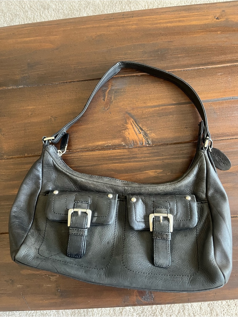 Rolf’s Vintage Black Leather Shoulder Bag with Front Buckle Pockets-Y2K